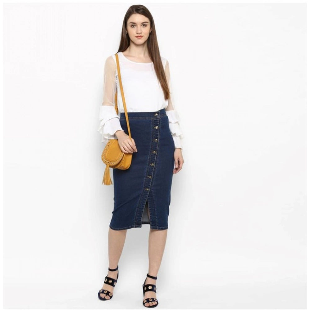 Women's Denim Front Button Buttoned Skirt (Blue)