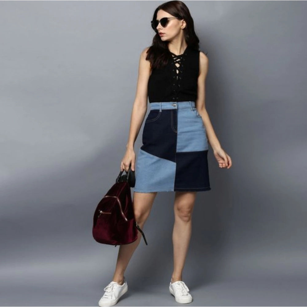 Women's Denim Brick Style Buttoned Skirt (Blue)