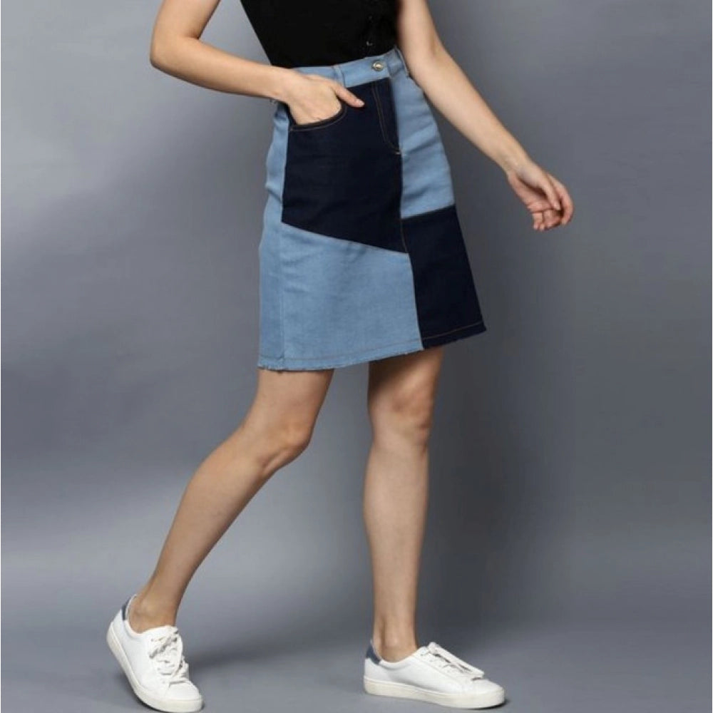 Women's Denim Brick Style Buttoned Skirt (Blue)