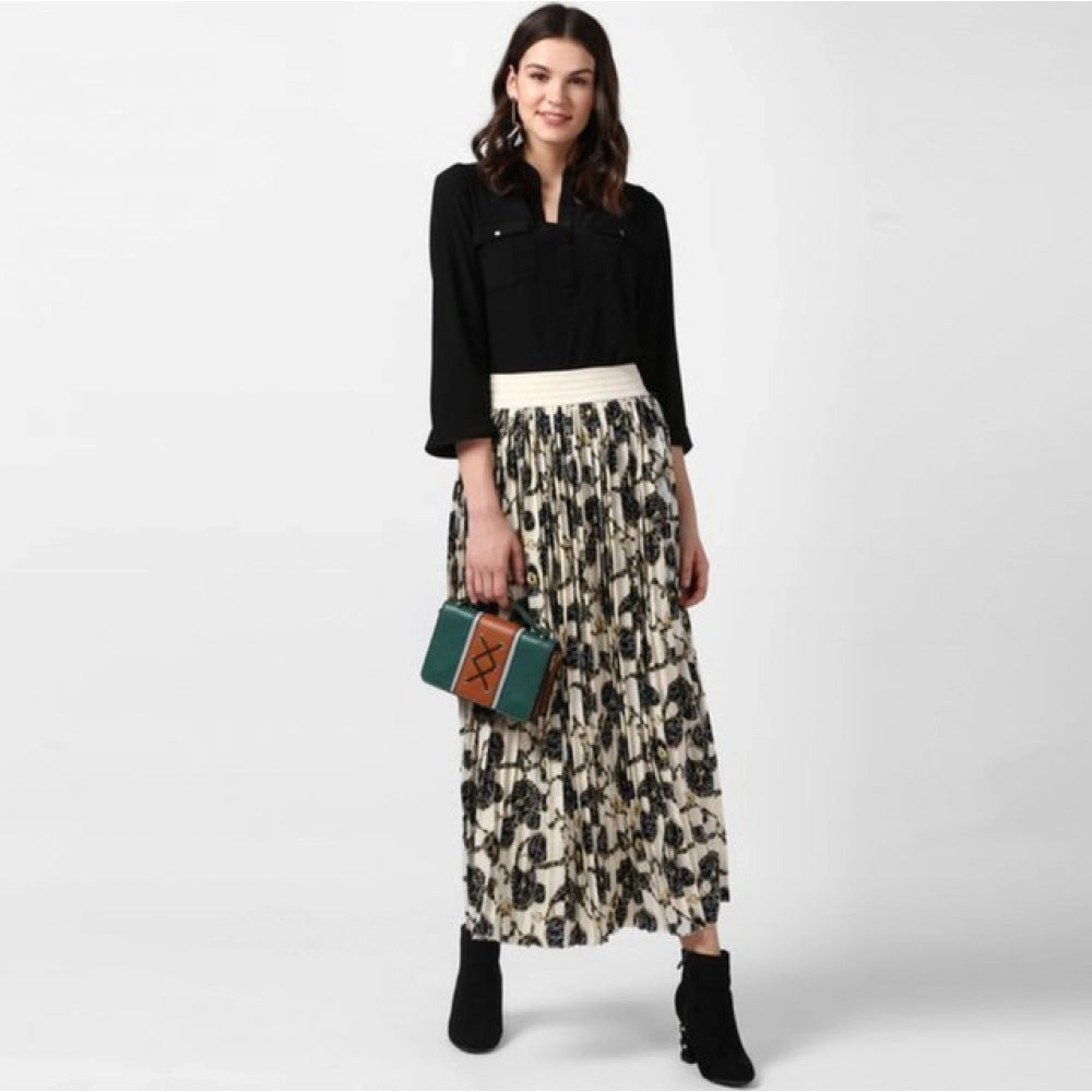 Women's Georgette Chain Print Elasticated Skirt (Cream-Black)