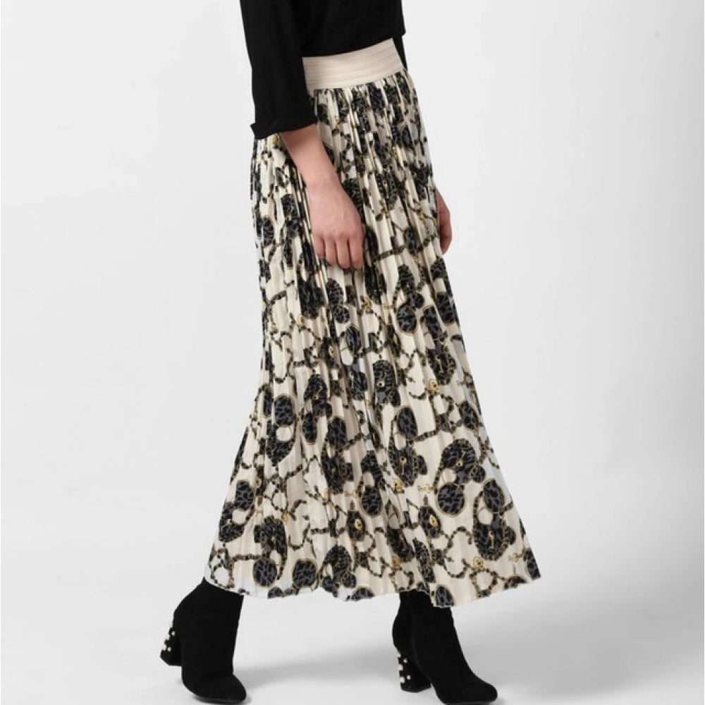 Women's Georgette Chain Print Elasticated Skirt (Cream-Black)