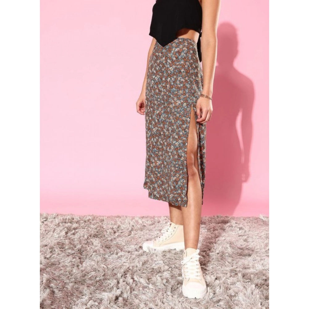 Women's Polyester Floral Side Zip Skirt (Grey - Coral)