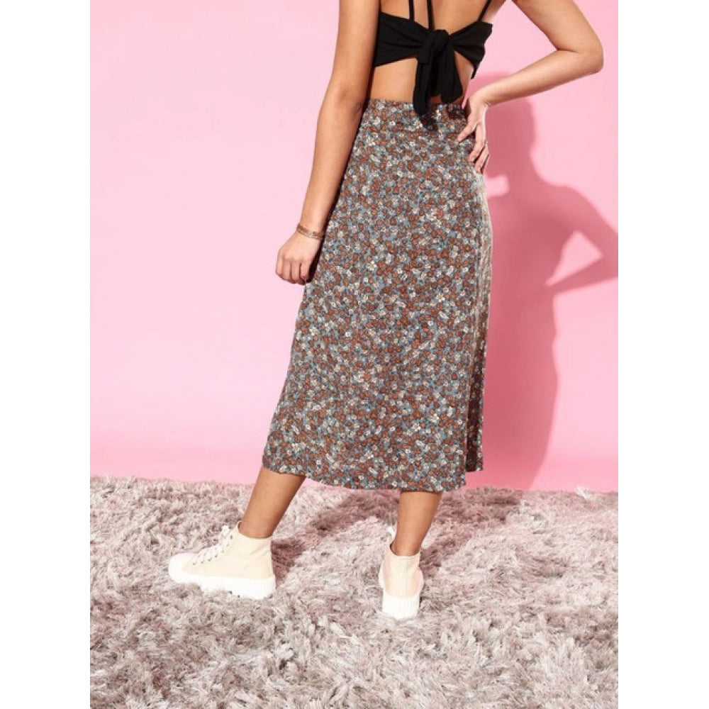 Women's Polyester Floral Side Zip Skirt (Grey - Coral)