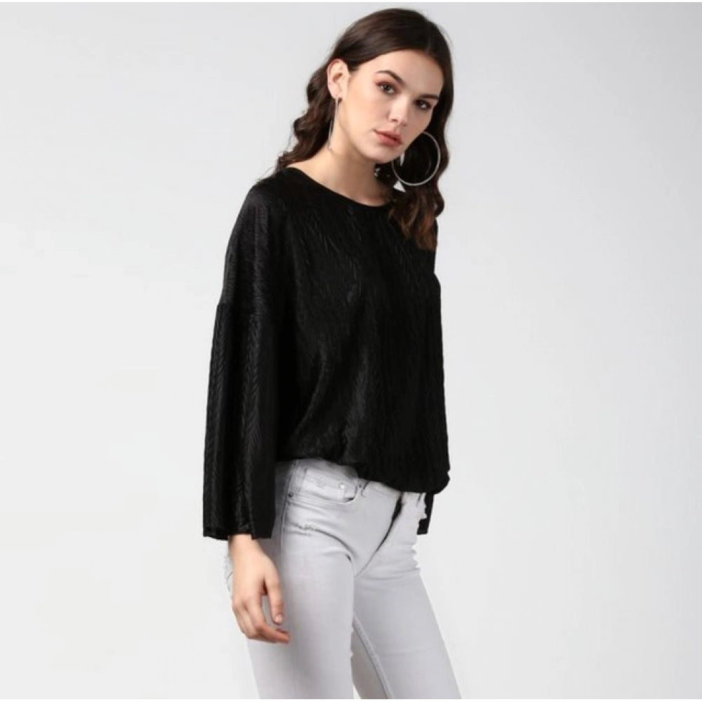 Women's Polyester Pleated Balloon Sleeve Top (Black)