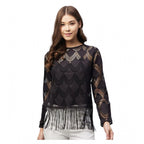 Women's Lace Self Design Short Sleeve Top (Black)