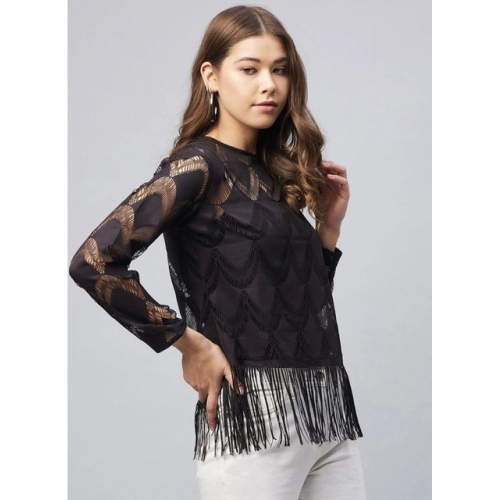 Women's Lace Self Design Short Sleeve Top (Black)