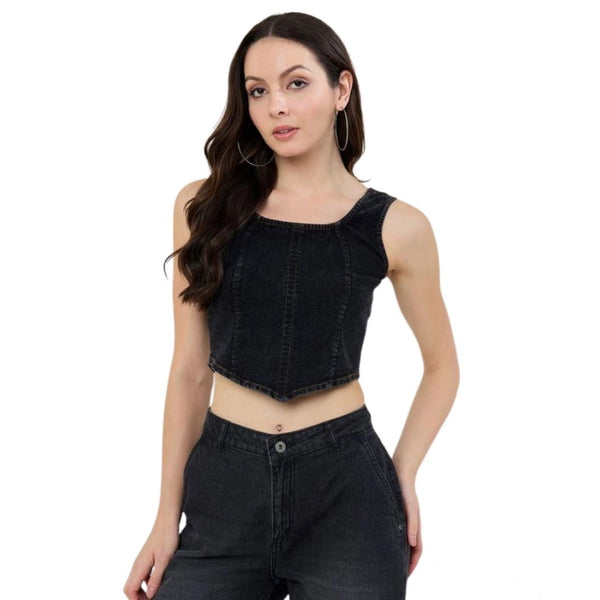 Women's Denim Lycra Solid Sleeveless Top (Black)