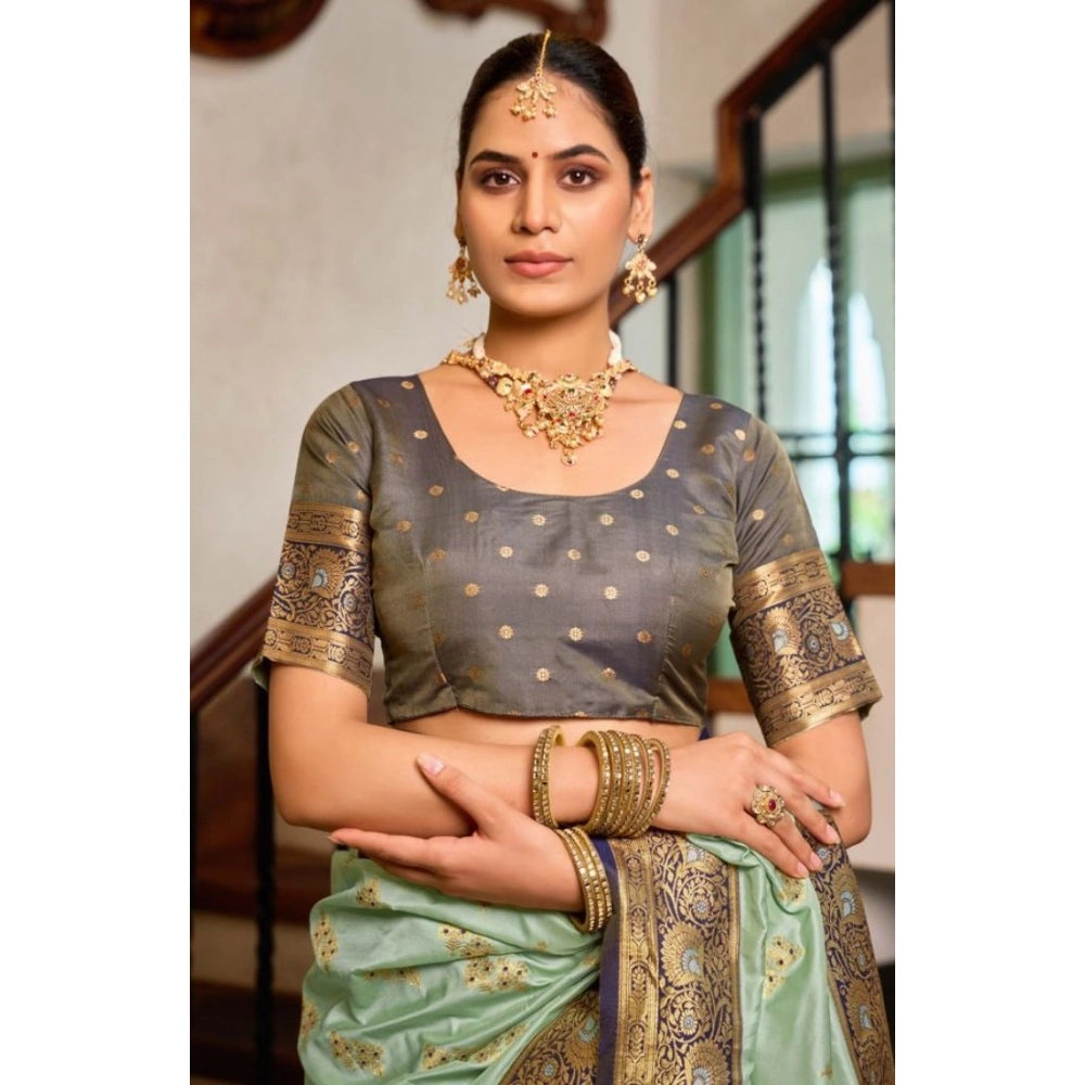 Women's Silk Blend Booti Work Ready to wear Saree With Unstitched Blouse 5.5Mtr (SeaGreen)
