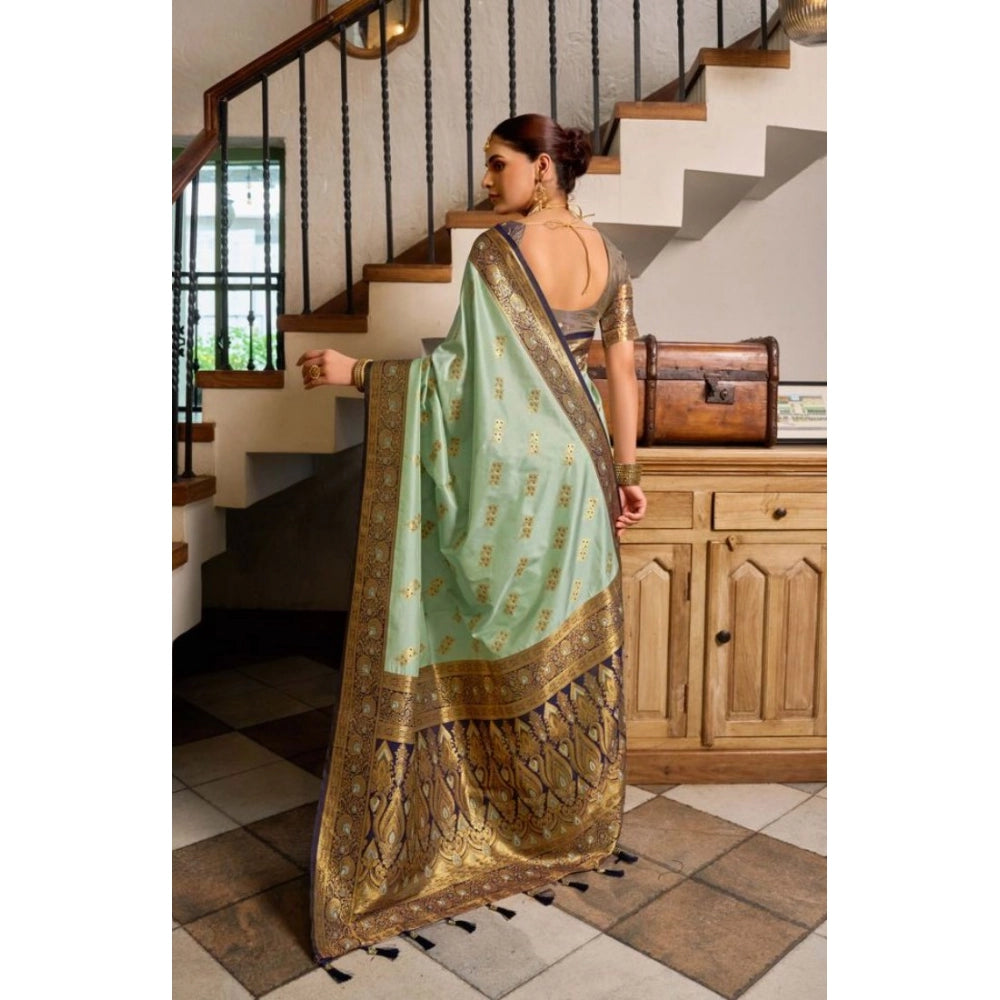 Women's Silk Blend Booti Work Ready to wear Saree With Unstitched Blouse 5.5Mtr (SeaGreen)