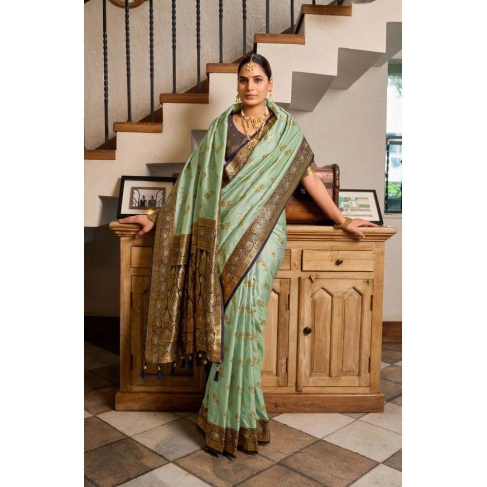 Women's Silk Blend Booti Work Ready to wear Saree With Unstitched Blouse 5.5Mtr (SeaGreen)