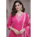 Women's Chanderi Silk Ethnic Motif V-Neck 3/4th Sleeve Kurti With Pant Dupatta Set (Pink)