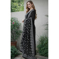 Women's Chanderi Silk Ethnic Motif Round 3/4th Sleeve Kurti With Pant Dupatta Set (Black)