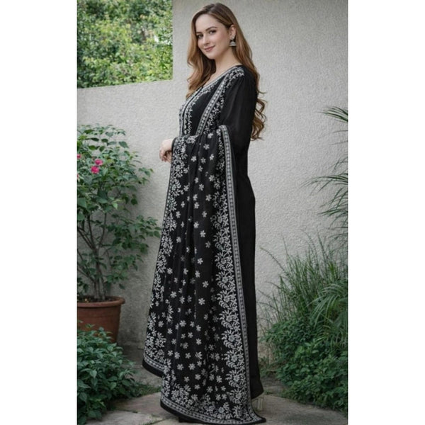 Women's Chanderi Silk Ethnic Motif Round 3/4th Sleeve Kurti With Pant Dupatta Set (Black)