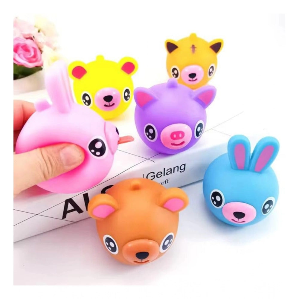 Pack Of 5 Rubber-PVC Animal Faces Squishy Squeeze Stress Balls (Multicolor)