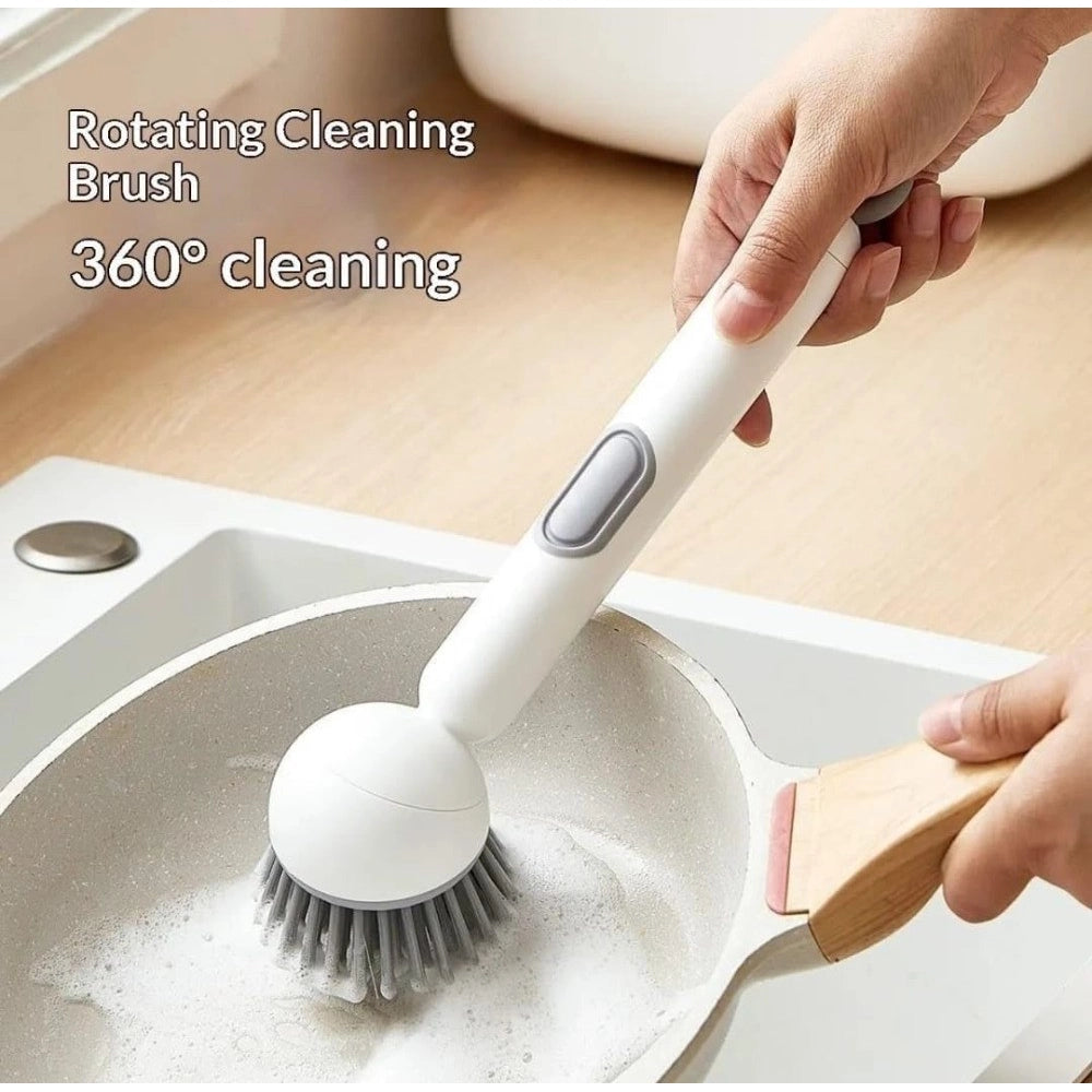 TPR-Plastic Solid Electric Liquid Soap Dispensing Cleaning Brush with Handle (Grey-White)