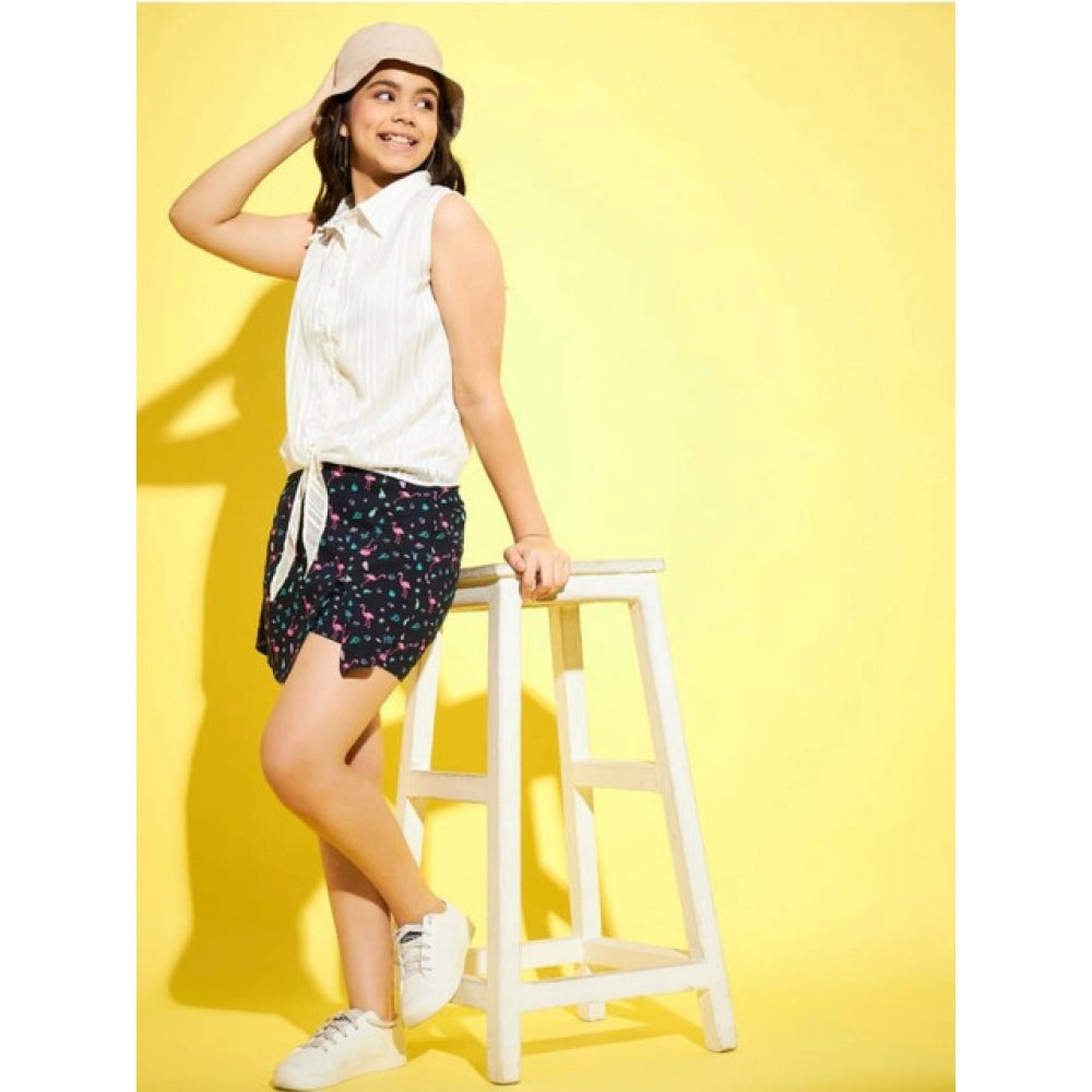 Girl's Polyester Lurex Printed Sleeveless Top Set (White-Navy)