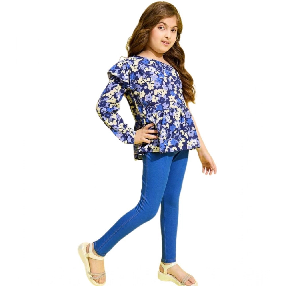 Girl's Polyester Floral One Shoulder Jeggings Set (Blue)