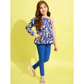 Girl's Polyester Floral One Shoulder Jeggings Set (Blue)
