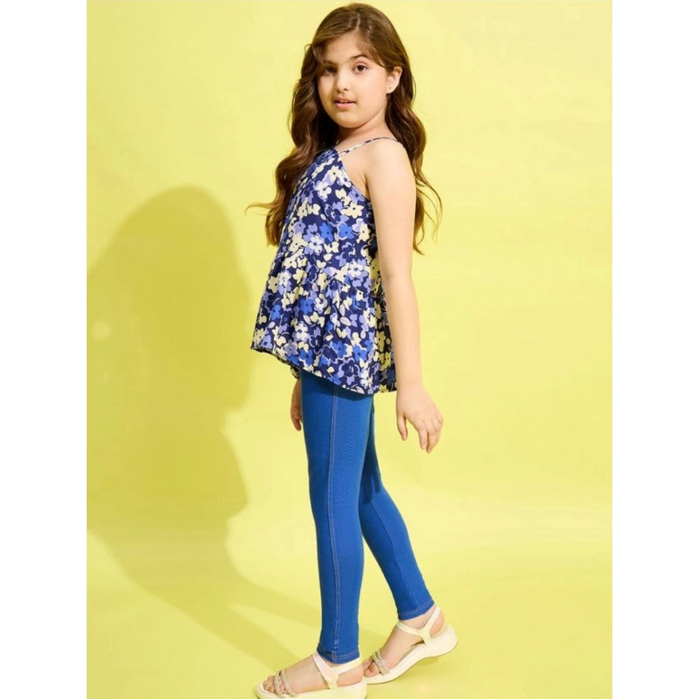 Girl's Polyester Floral One Shoulder Jeggings Set (Blue)