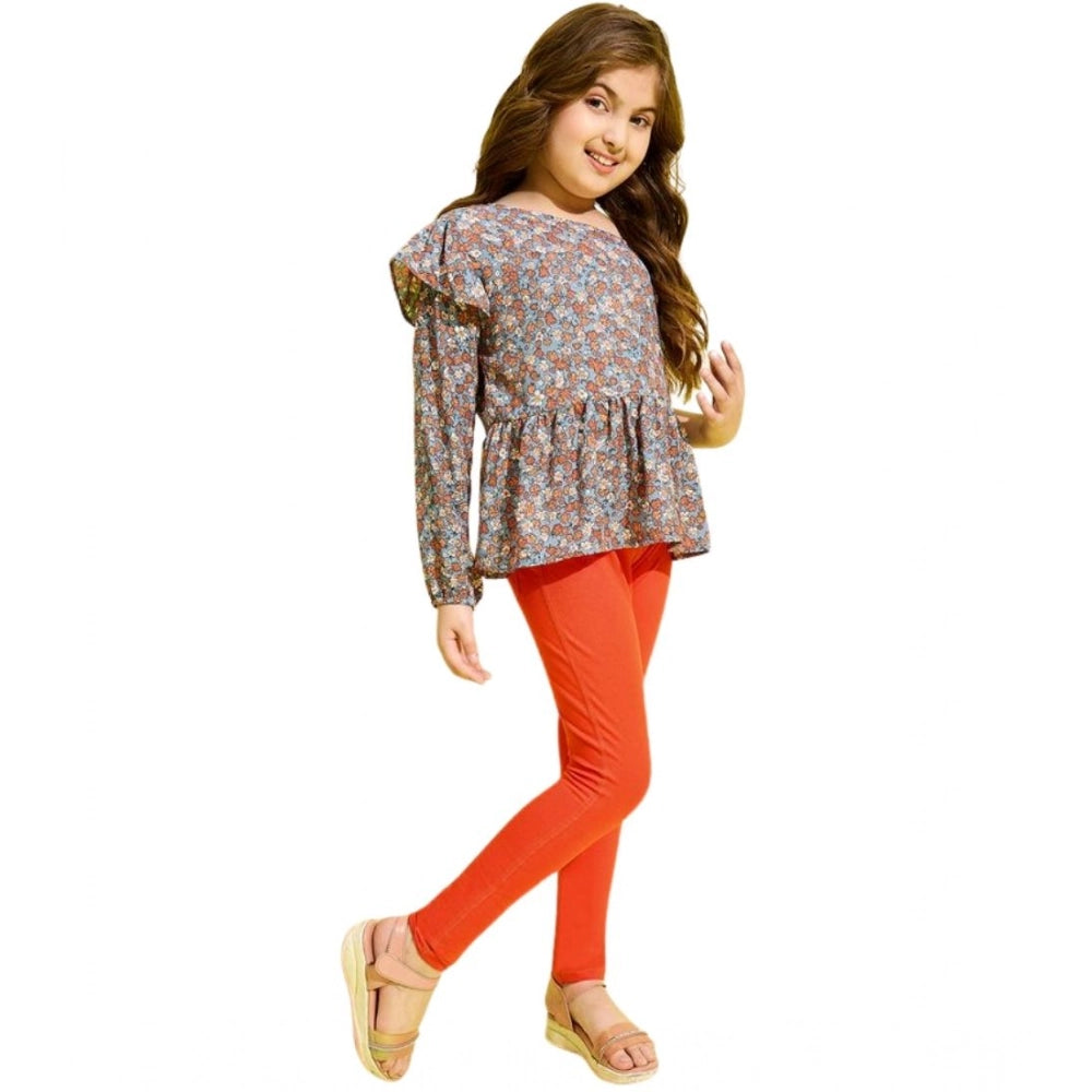 Girl's Polyester Floral One Shoulder Jeggings Set (Grey-Orange)