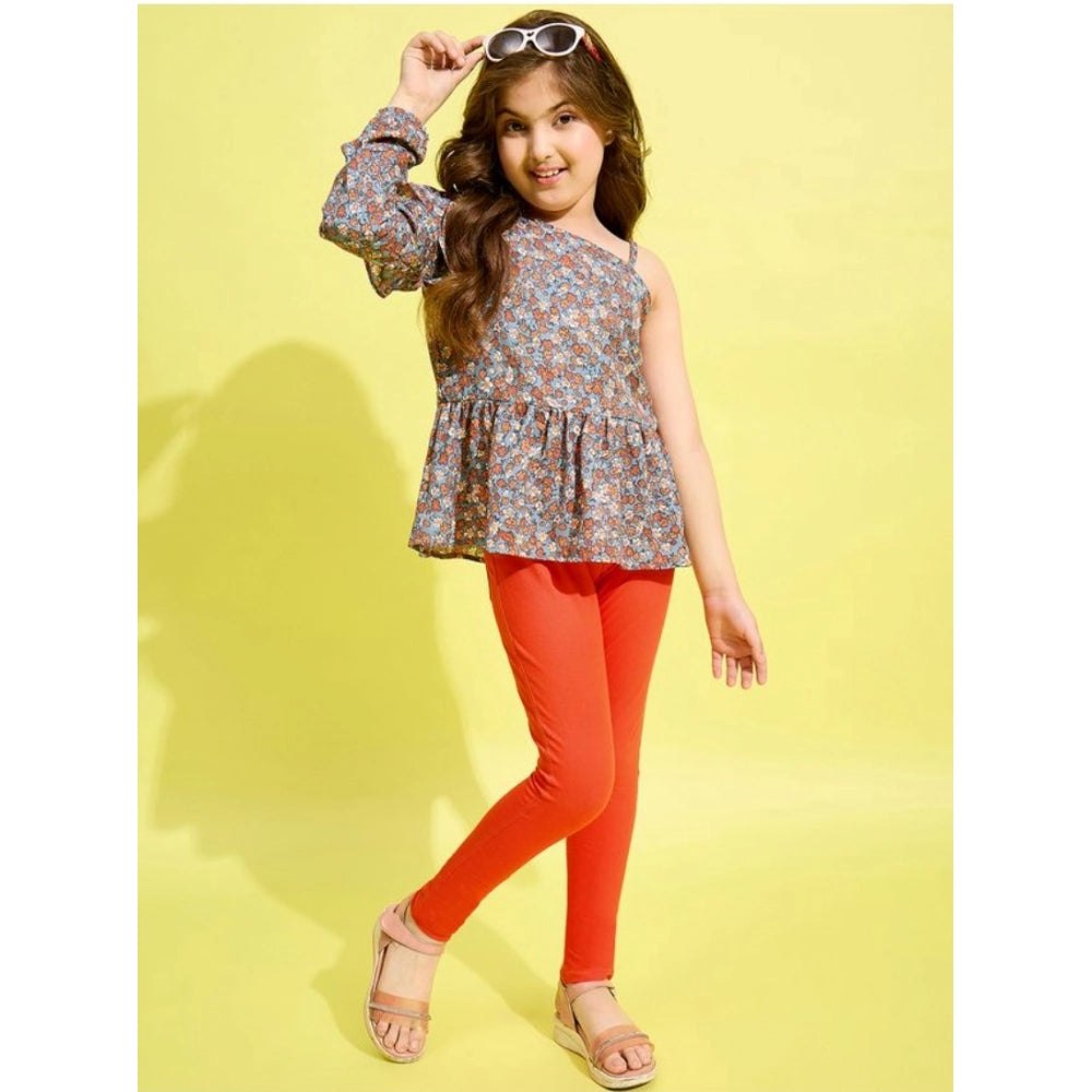 Girl's Polyester Floral One Shoulder Jeggings Set (Grey-Orange)