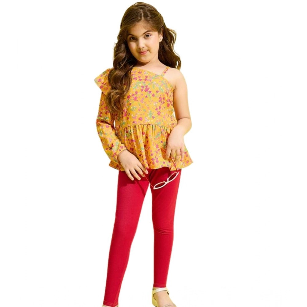 Girl's Polyester Floral One Shoulder Jeggings Set (Yellow-Red)