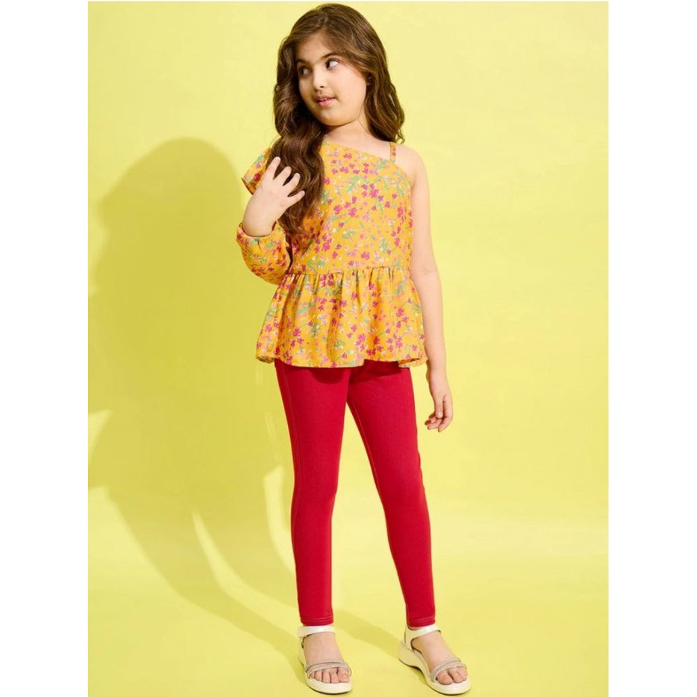 Girl's Polyester Floral One Shoulder Jeggings Set (Yellow-Red)
