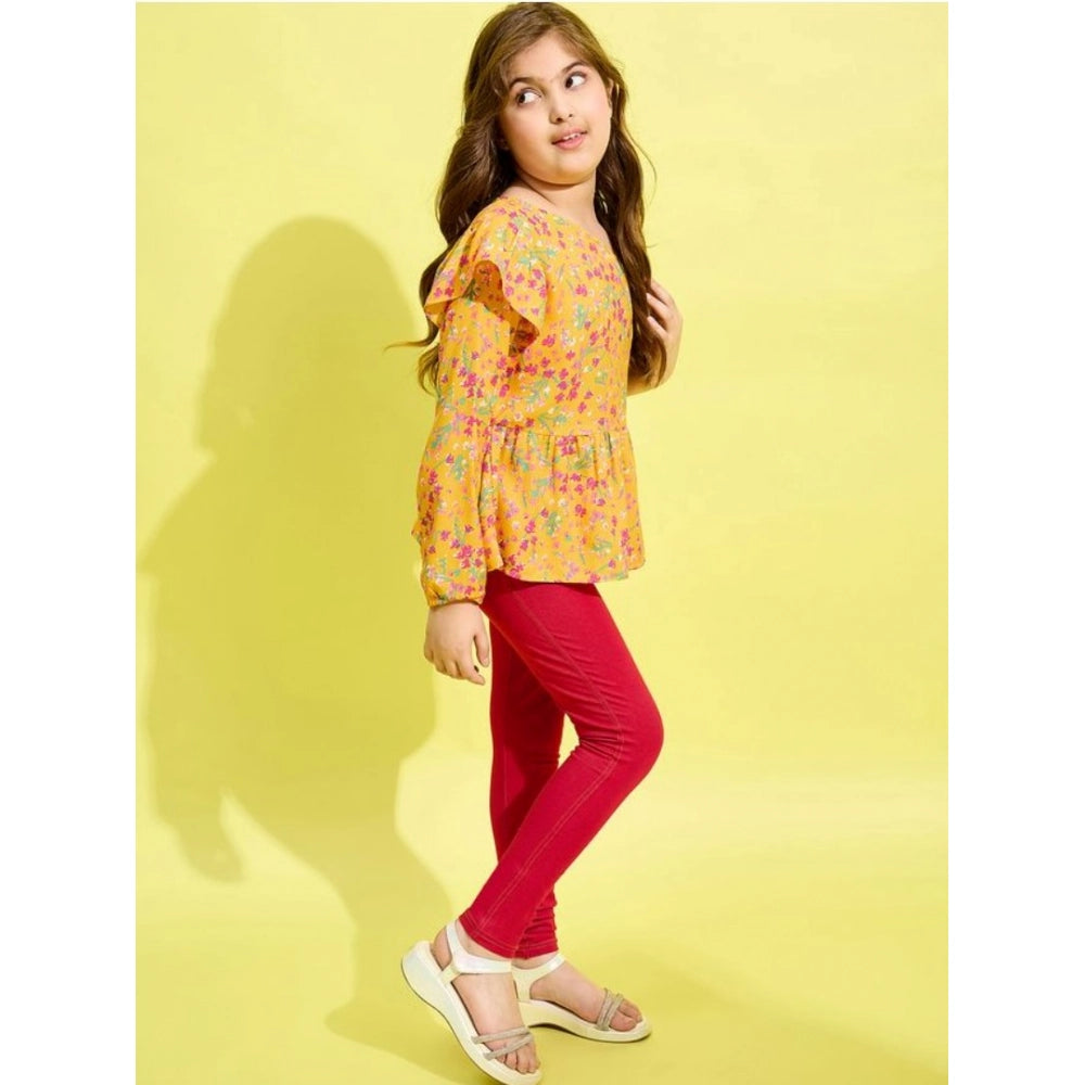 Girl's Polyester Floral One Shoulder Jeggings Set (Yellow-Red)