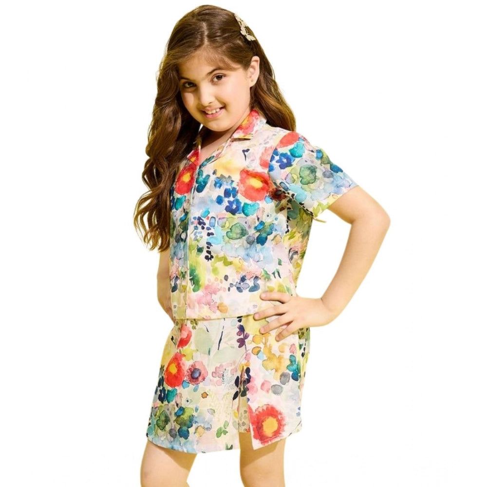 Girl's Polyester Cotton Blend Pattern-Floral Short Sleeves Skorts Set (Multicolor)