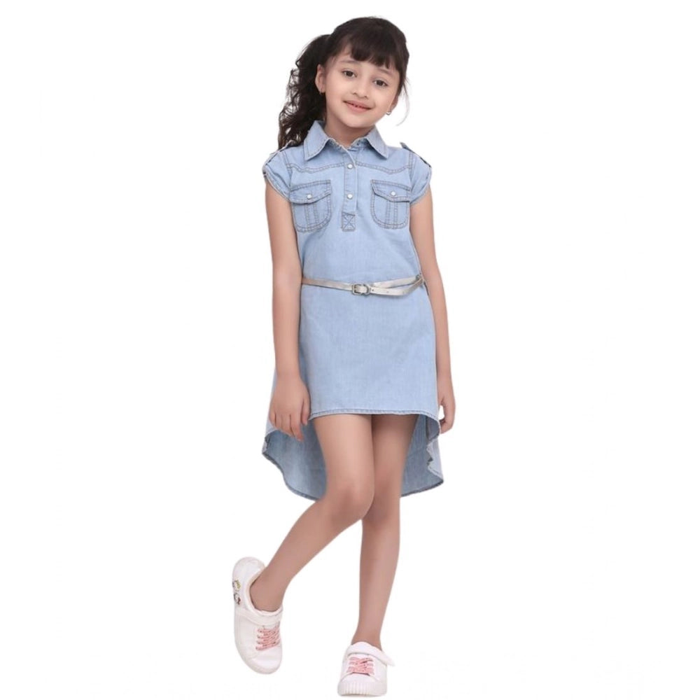 Girl's Denim Hi Lo Short Sleeve Dress with Belt (Blue)