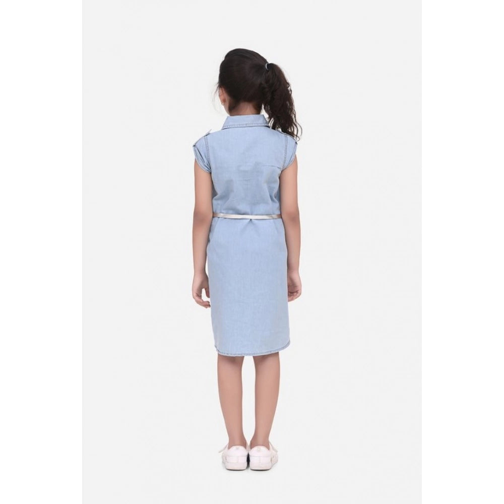 Girl's Denim Hi Lo Short Sleeve Dress with Belt (Blue)