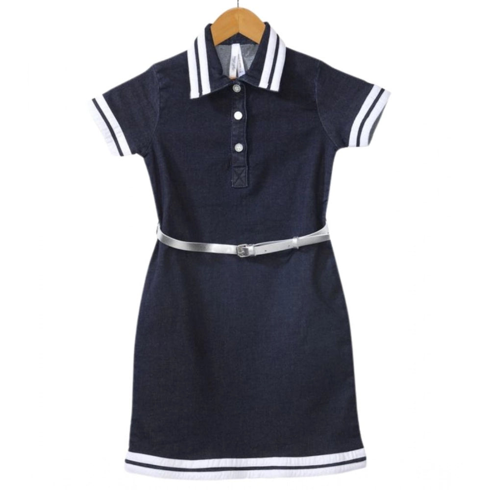 Girl's Denim Lycra Ribbed Elasticated Dress with Belt (Navy Blue-White)