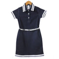 Girl's Denim Lycra Ribbed Elasticated Dress with Belt (Navy Blue-White)
