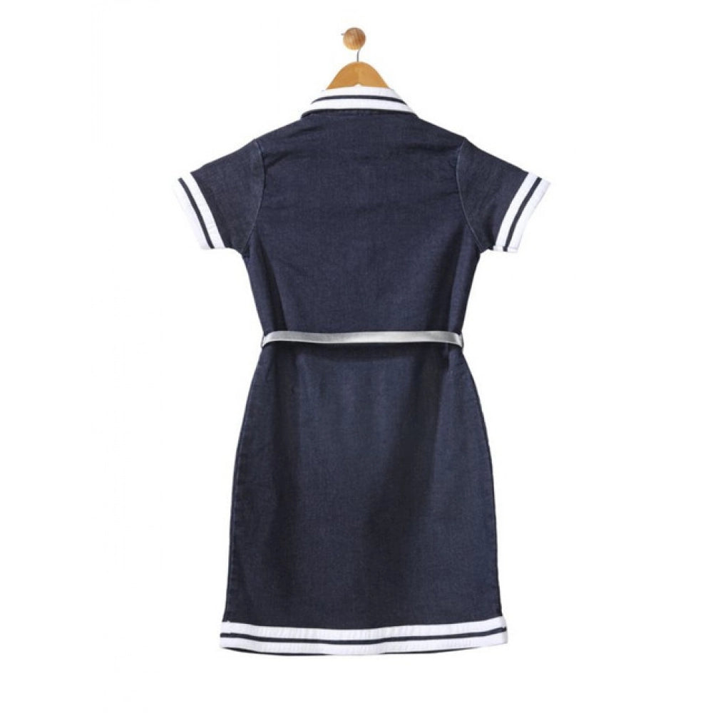 Girl's Denim Lycra Ribbed Elasticated Dress with Belt (Navy Blue-White)