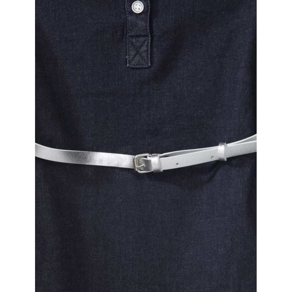 Girl's Denim Lycra Ribbed Elasticated Dress with Belt (Navy Blue-White)
