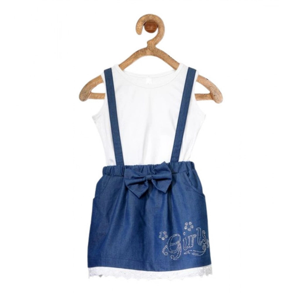Girl's Denim Embellished Sleeveless Skirt with inner (Dark Blue)