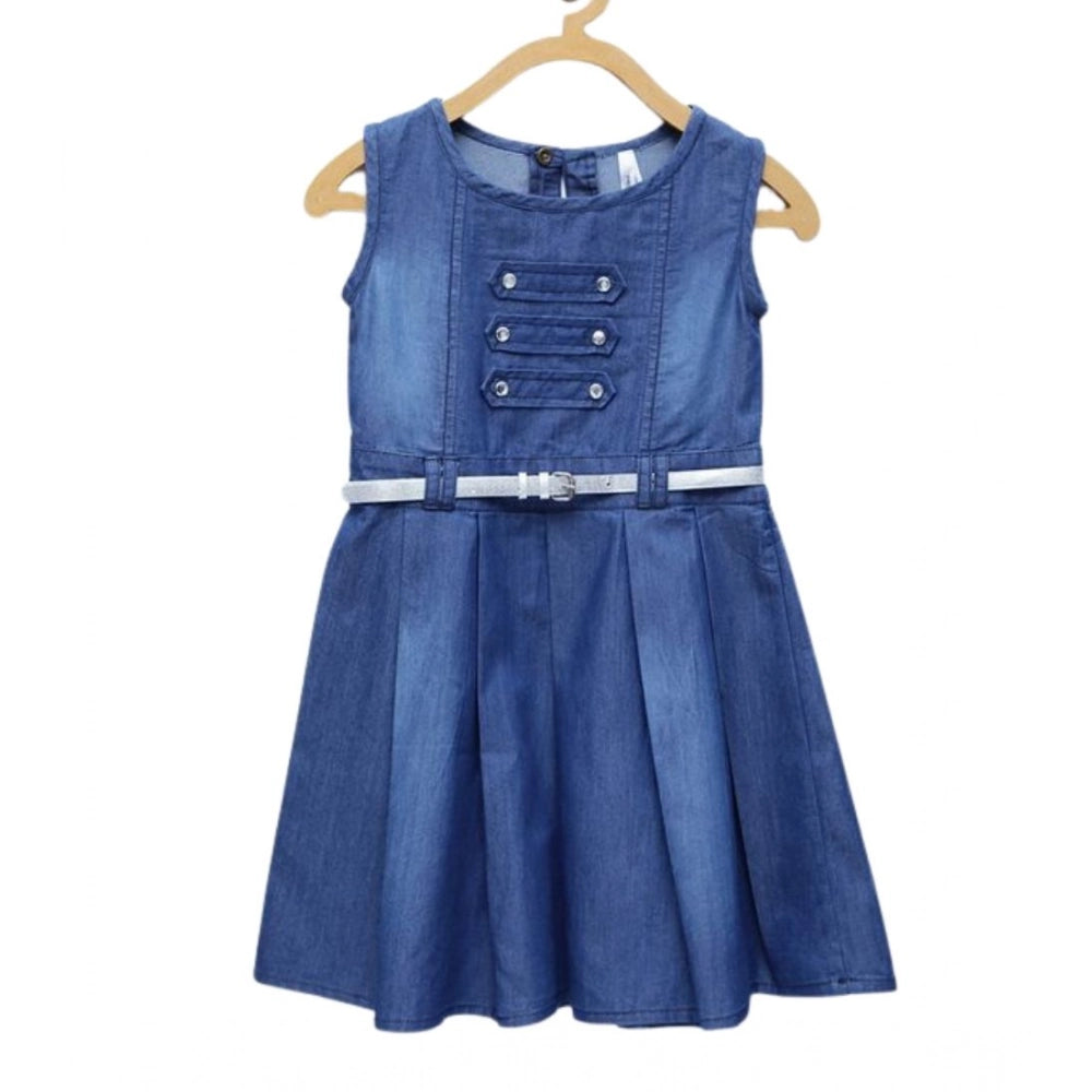 Girl's Denim Embellished Sleeveless Dress with Belt (Blue)