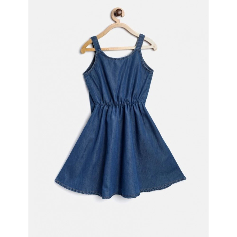 Girl's Denim Printed Short Sleeve Dress with Straps (Blue)