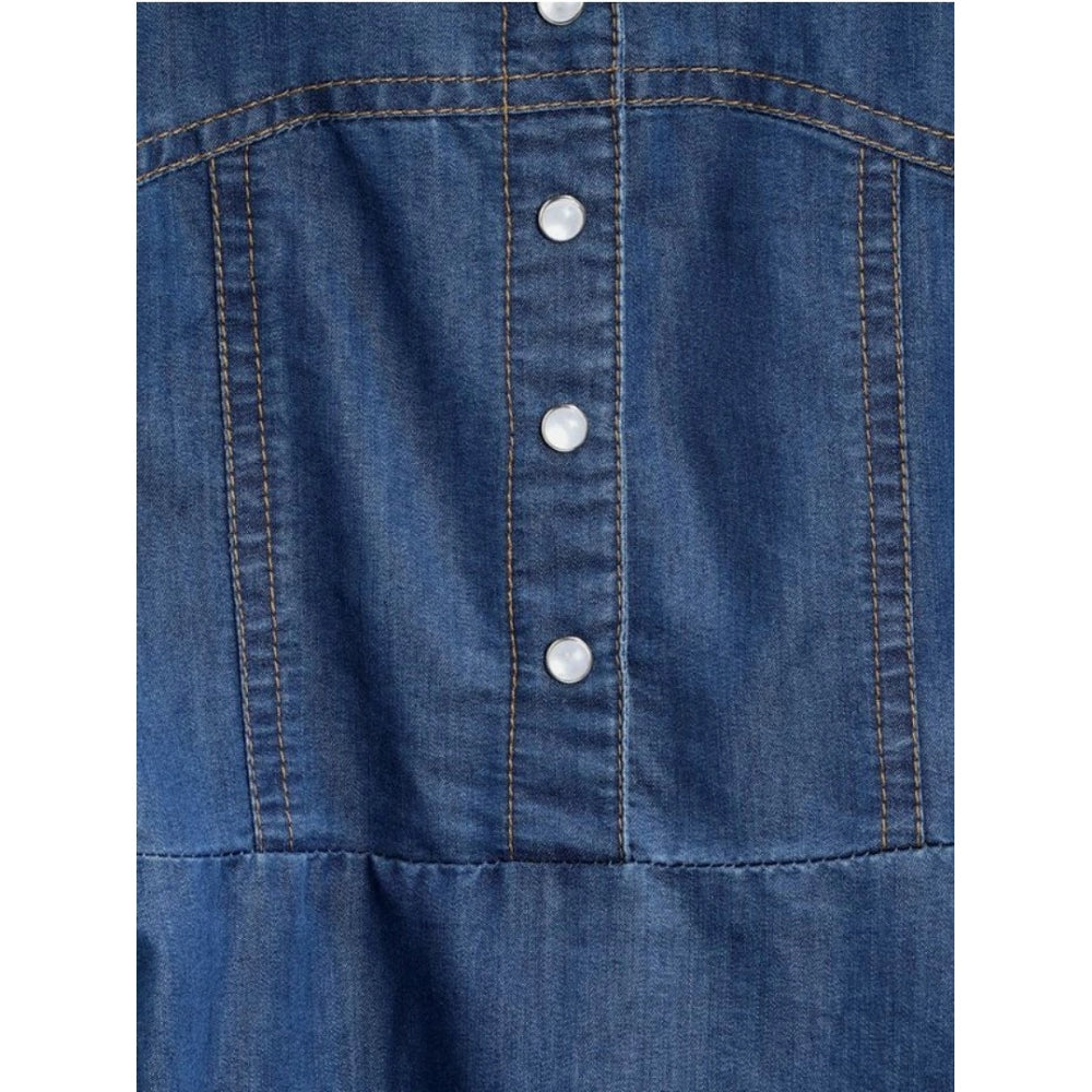 Girl's Denim Printed Short Sleeve Dress with Straps (Blue)
