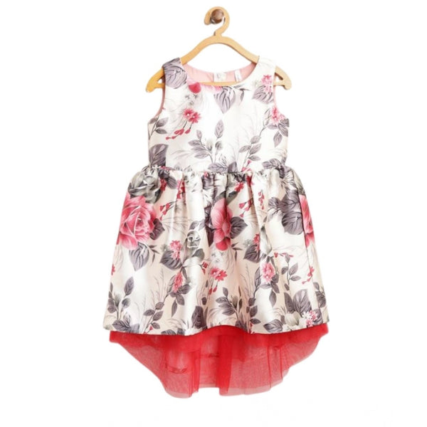 Girl's Polyester &amp; Net Inset Sleeveless Dress with Net Inset (Off White)