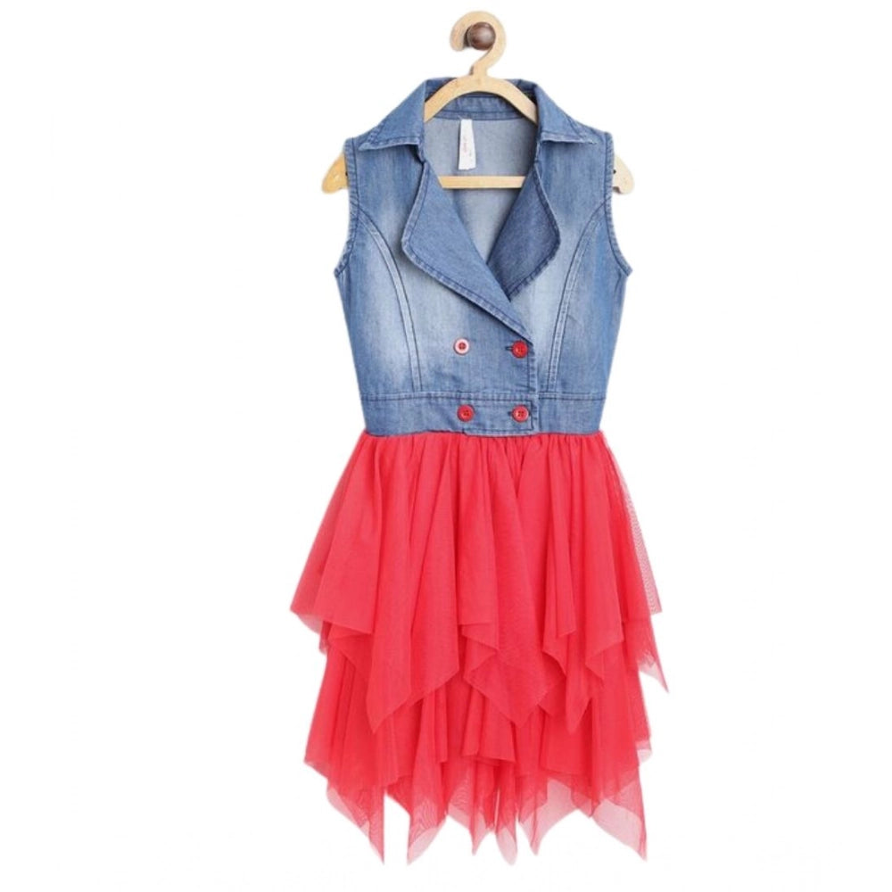 Girl's Denim Roll Up Buttoned Dress (Blue-Red)