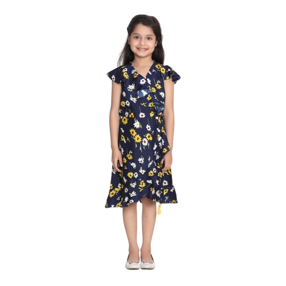 Girl's Polyester Crepe Polka Cold Shoulder Dress (Navy Blue)