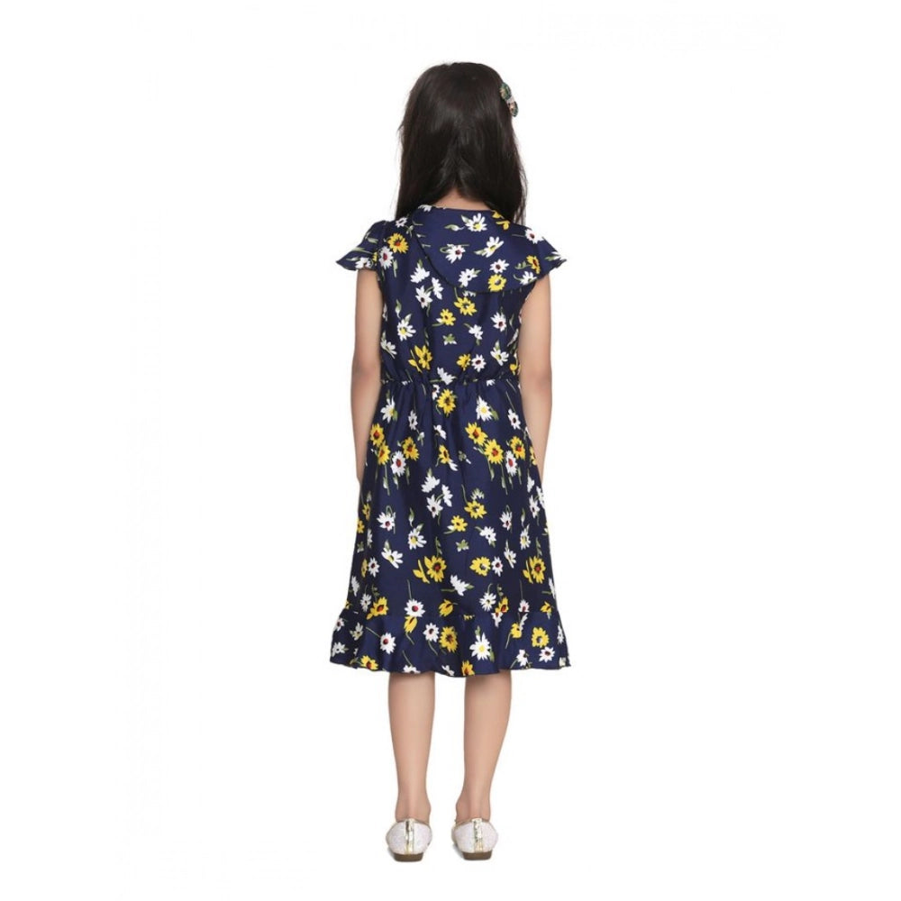 Girl's Polyester Crepe Polka Cold Shoulder Dress (Navy Blue)
