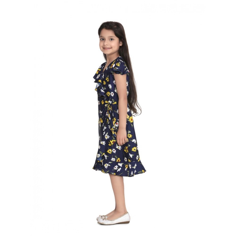 Girl's Polyester Crepe Polka Cold Shoulder Dress (Navy Blue)
