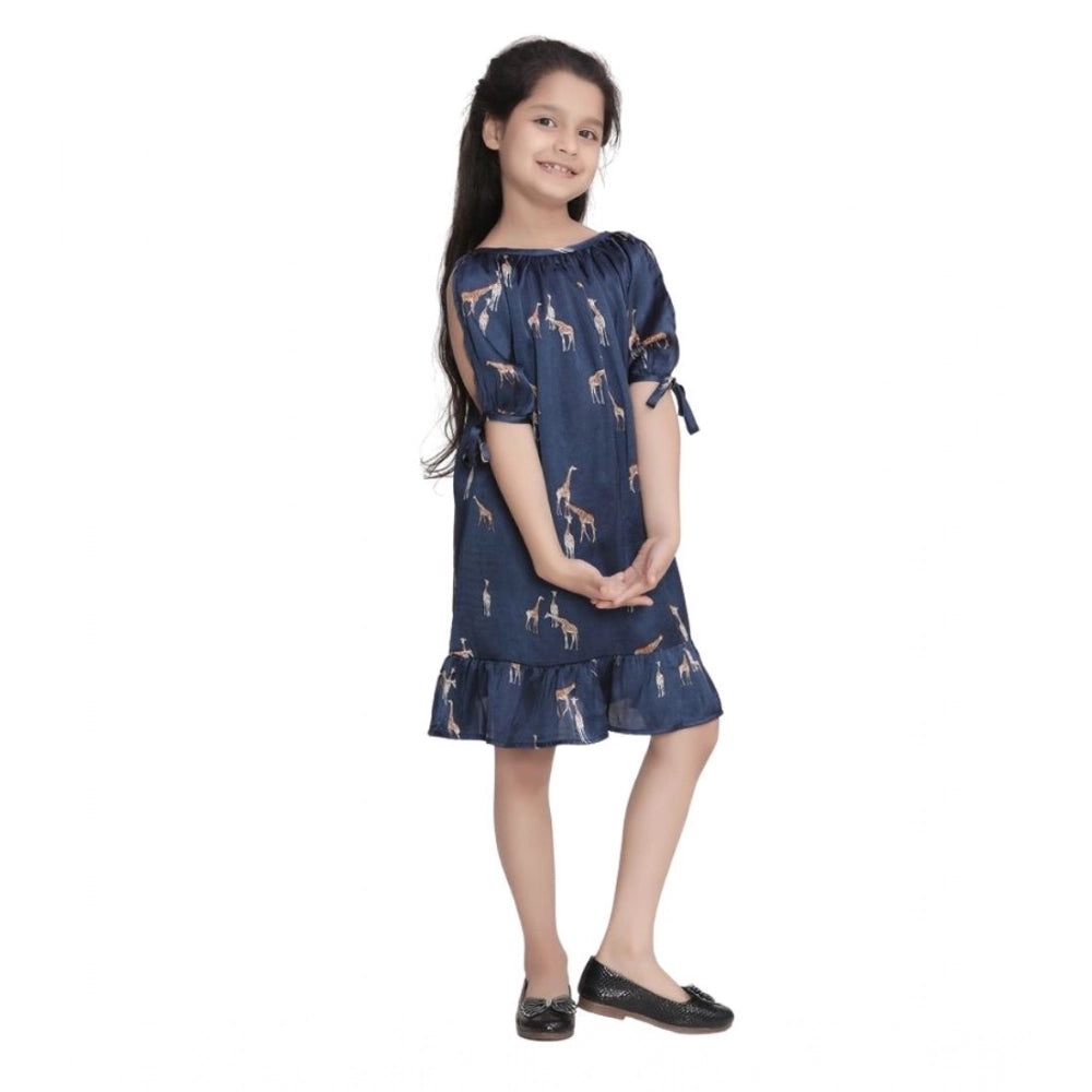 Girl's Satin Animal Print Sleeveless Dress (Blue)