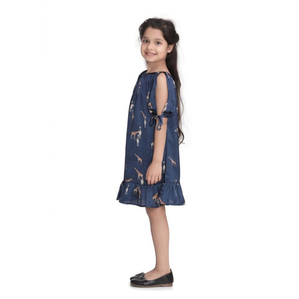Girl's Satin Animal Print Sleeveless Dress (Blue)