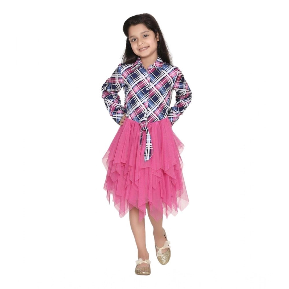 Girl's Polyster Crepe Lace Inserts Long Sleeves Dress (Pink-Blue)