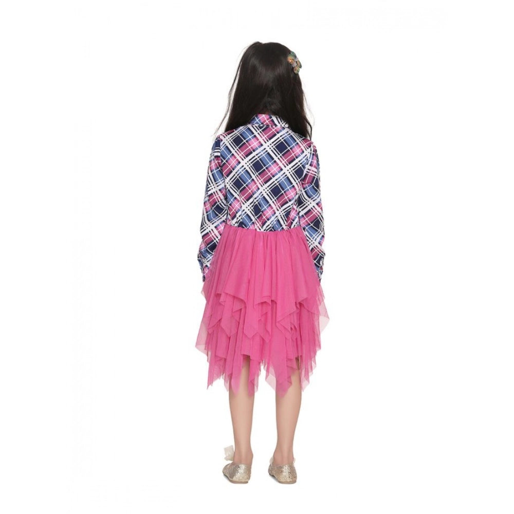 Girl's Polyster Crepe Lace Inserts Long Sleeves Dress (Pink-Blue)