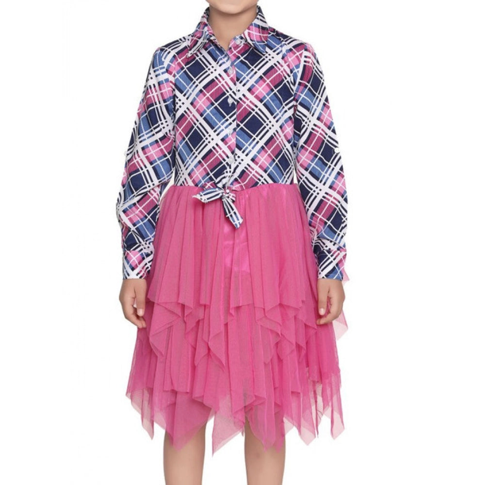 Girl's Polyster Crepe Lace Inserts Long Sleeves Dress (Pink-Blue)