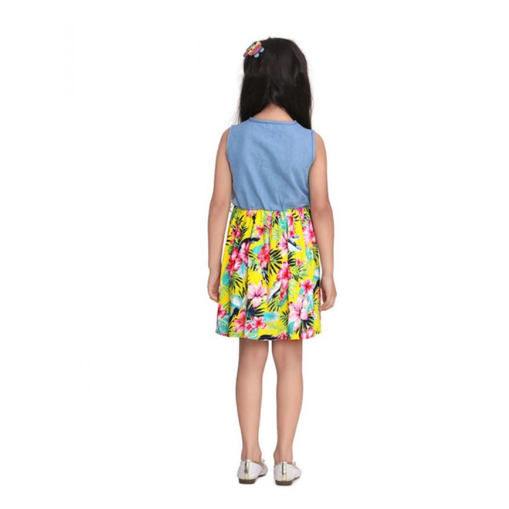 Girl's Denim Floral Sleeveless Dress (Blue-Yellow)
